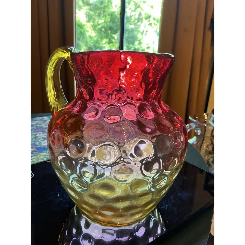 1880s Hobbs, Brockunier & Co. Amberina Glass Pitcher Inverted thumbprint pattern